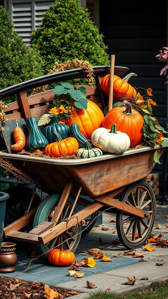 A wooden wheelbarrow filled with colorful pumpkins and gourds, placed on a stone pathway surrounded by fallen leaves.