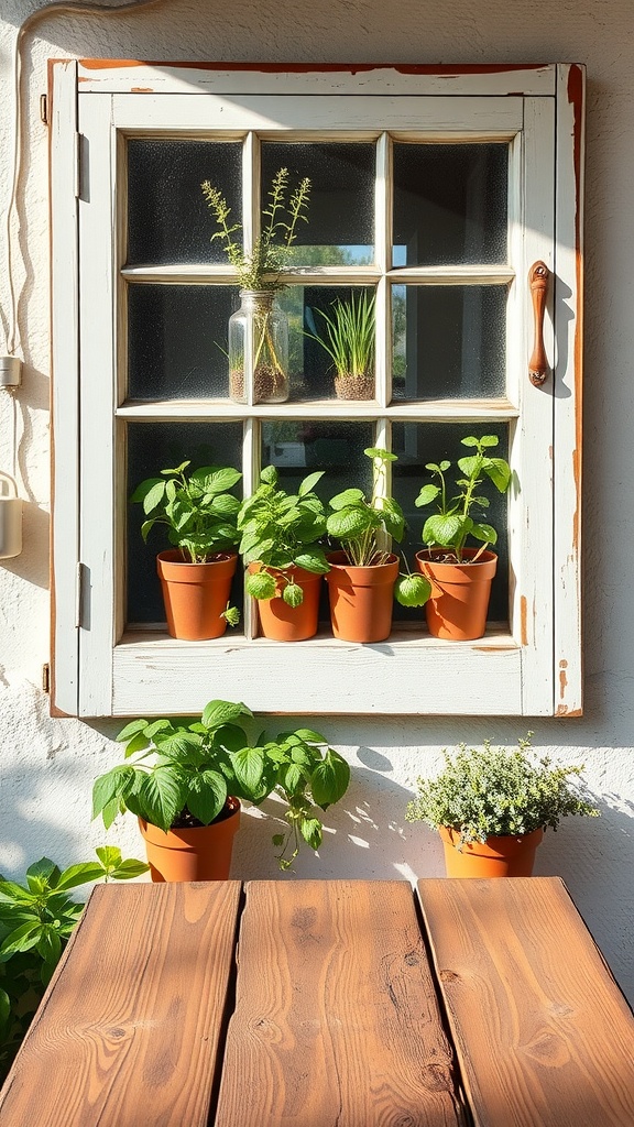 A decorative window herb garden with potted plants including mint, basil, and rosemary, set against a sunny backdrop.