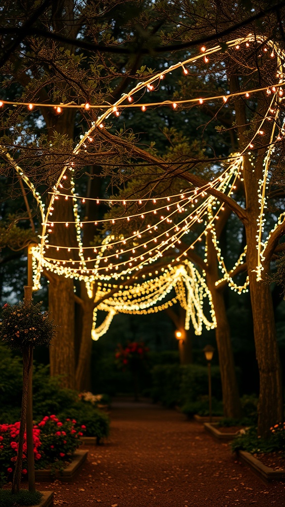 A garden path illuminated by delicate fairy lights strung between trees.