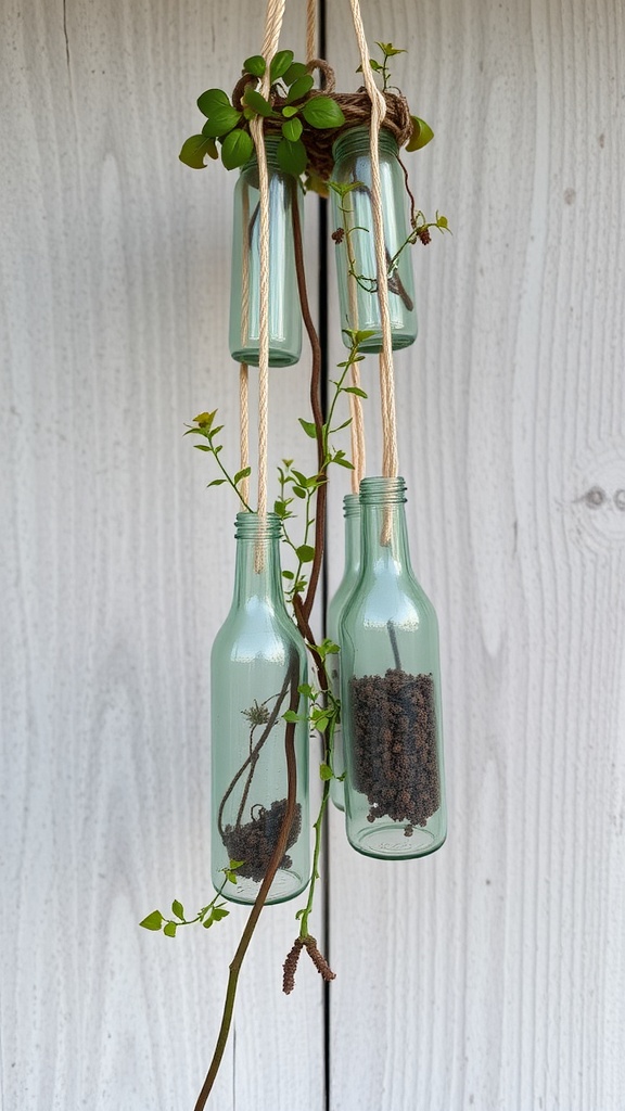 Hanging garden made from glass bottles with plants inside