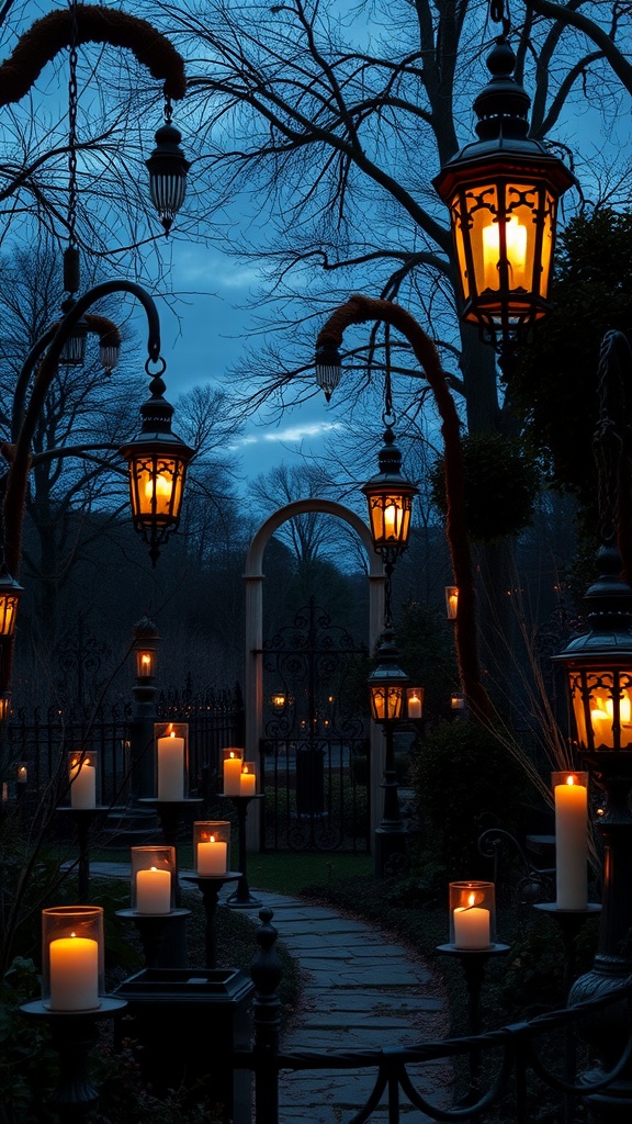 A gothic garden illuminated by hanging lanterns and candles along a path