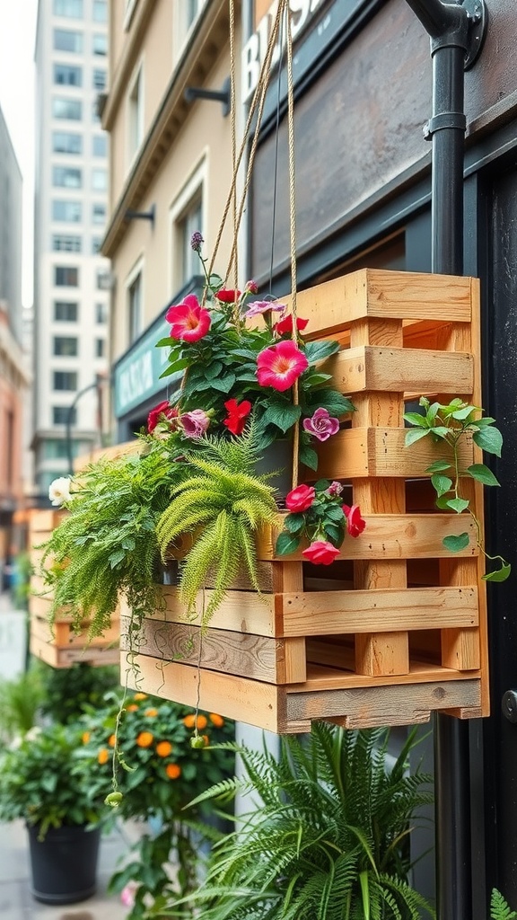 A wooden pallet planter hanging with various colorful flowers and greenery