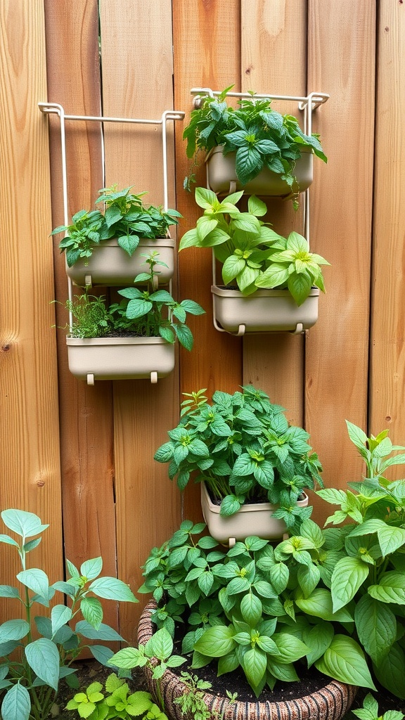 Vertical herb garden with various plants in wall-mounted planters against a wooden backdrop