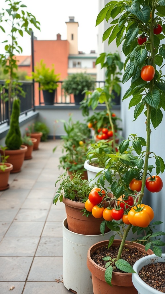Image of a terrace garden with vibrant tomato plants in pots