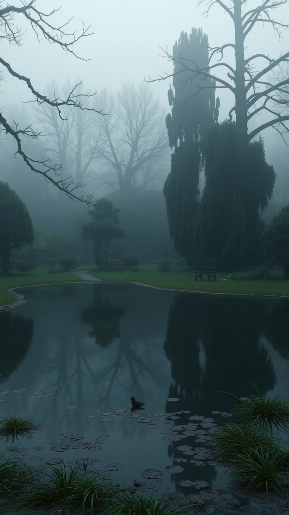 A foggy garden scene featuring a still pond surrounded by tall, shadowy trees.