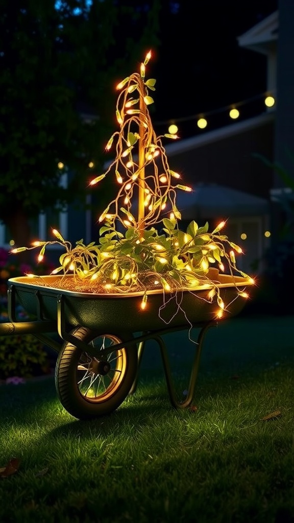 A wheelbarrow filled with plants and adorned with fairy lights in a garden setting at night.