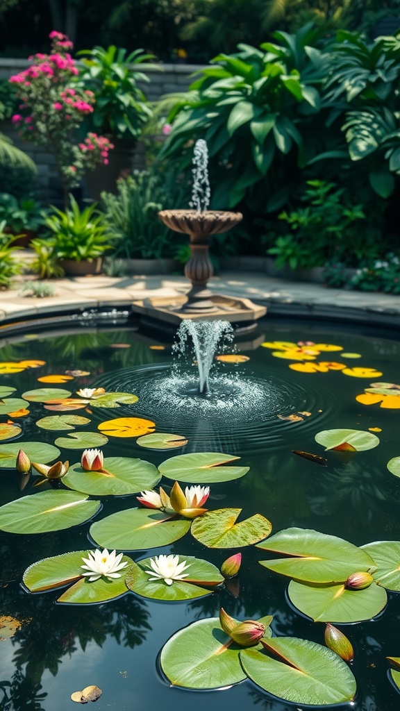 A beautiful garden pond with water lilies and a fountain surrounded by lush greenery.