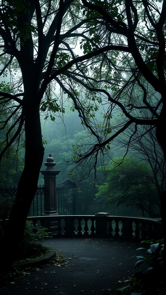 A misty garden with dark trees and a stone gate creating a secretive atmosphere