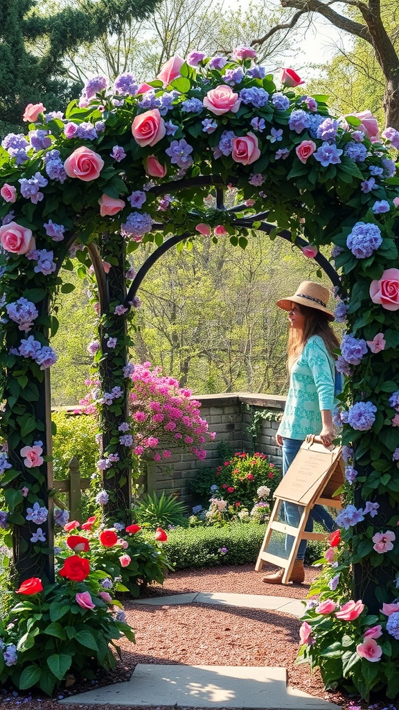 A beautiful floral trellis adorned with pink roses and purple flowers, creating a fairy-tale entrance in a garden.