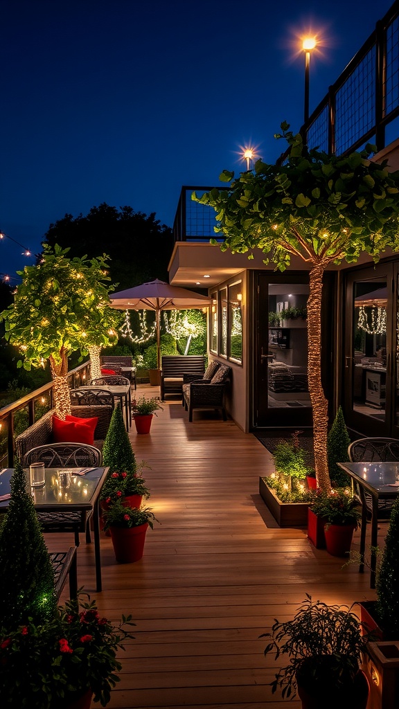 A beautifully lit terrace garden with fairy lights and greenery during the evening.