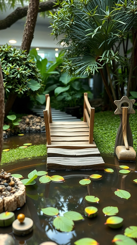 A charming wooden bridge over a pond surrounded by lush greenery and lily pads.