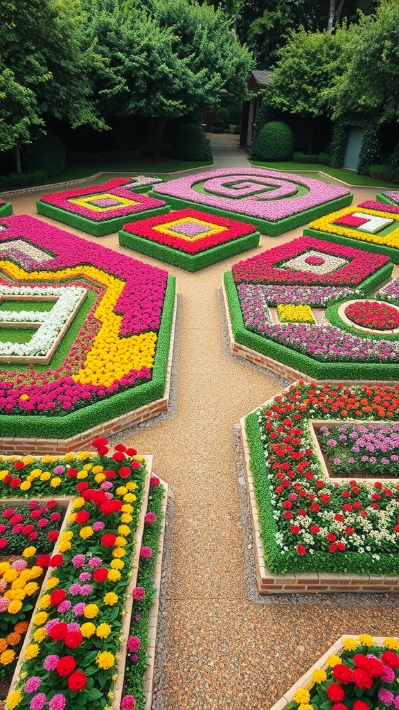 A vibrant floral mosaic pathway with colorful flower arrangements and geometric designs.