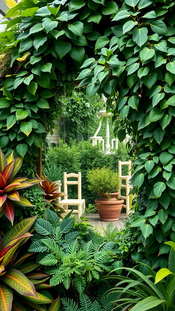 A garden mirror framed by lush greenery and colorful plants