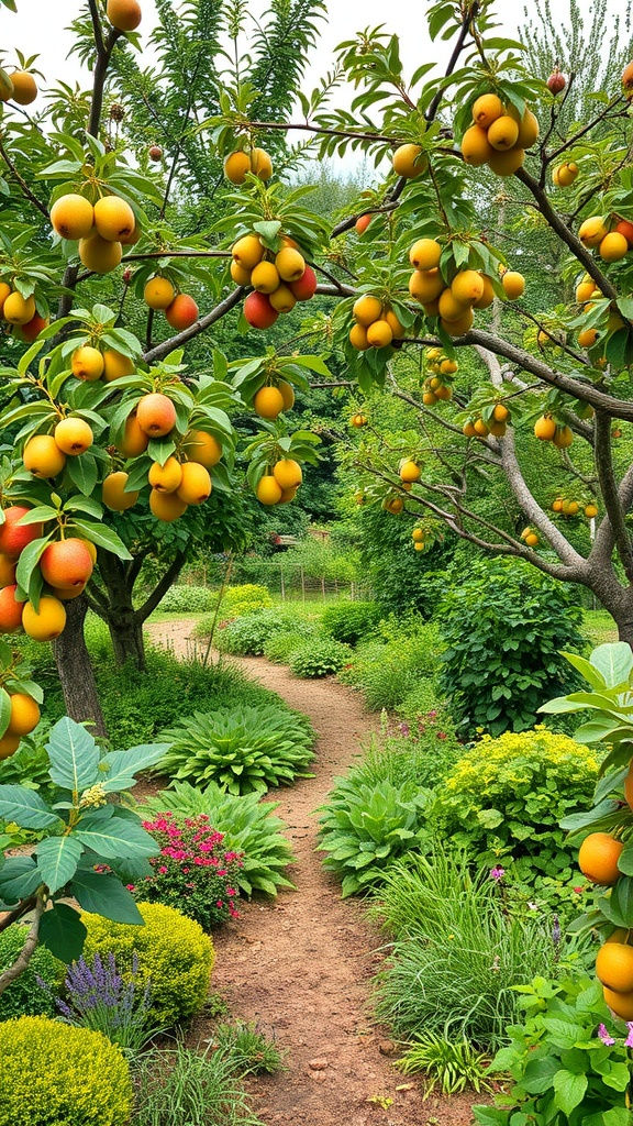 A lush fruit tree guild with ripe fruits, blooming flowers, and a winding pathway.
