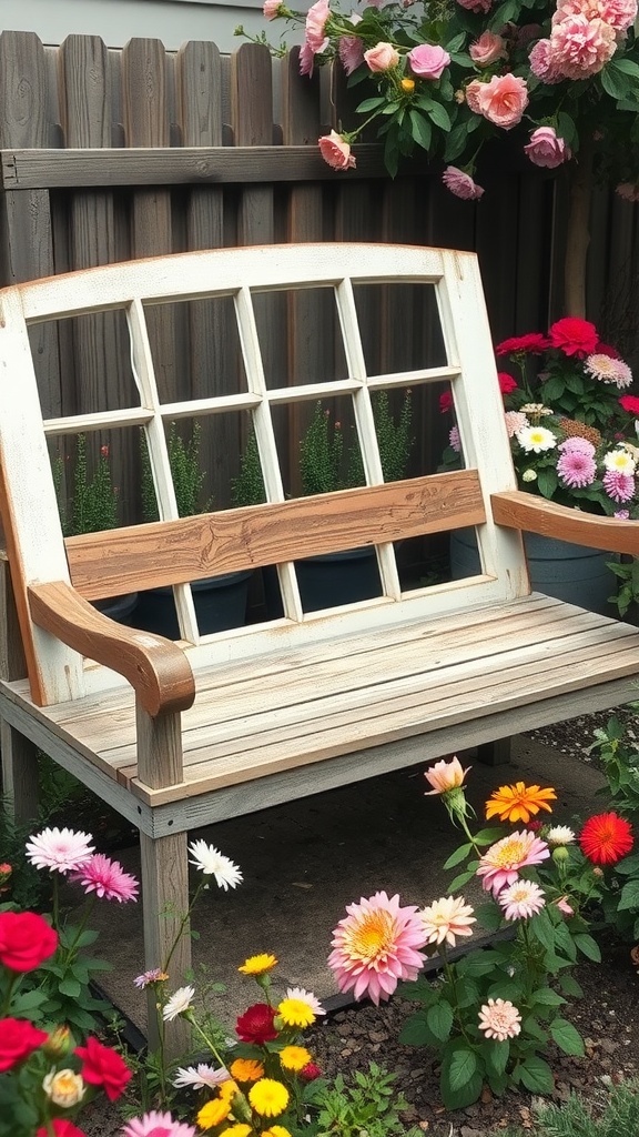 A garden bench with a window backrest surrounded by colorful flowers.