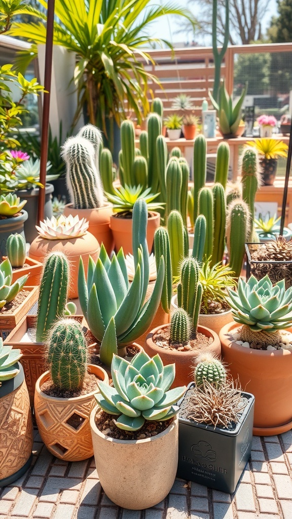 A vibrant garden filled with various succulents and cacti in decorative pots.
