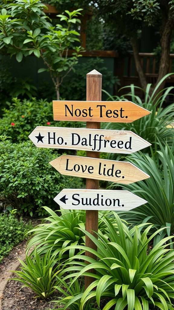 Wooden garden signpost with arrows pointing in different directions, surrounded by lush greenery.