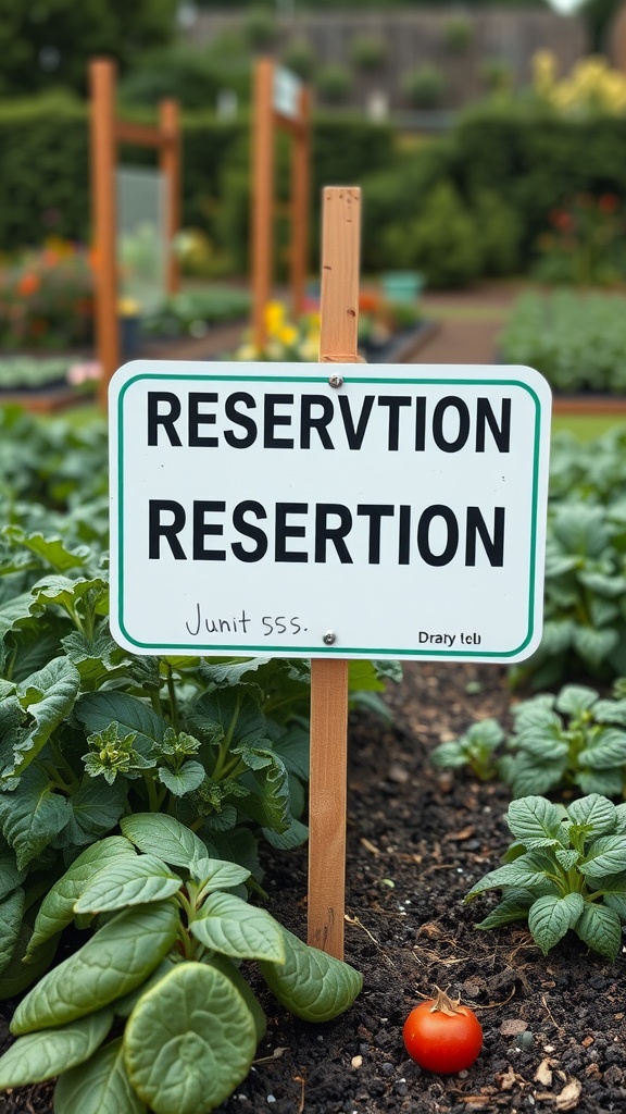 Garden plot reservation sign in a garden with green plants and a red tomato in front