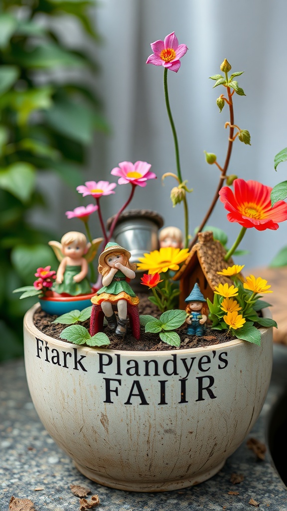 A charming fairy garden planter with colorful flowers and tiny fairy figurines, showcasing a whimsical scene.