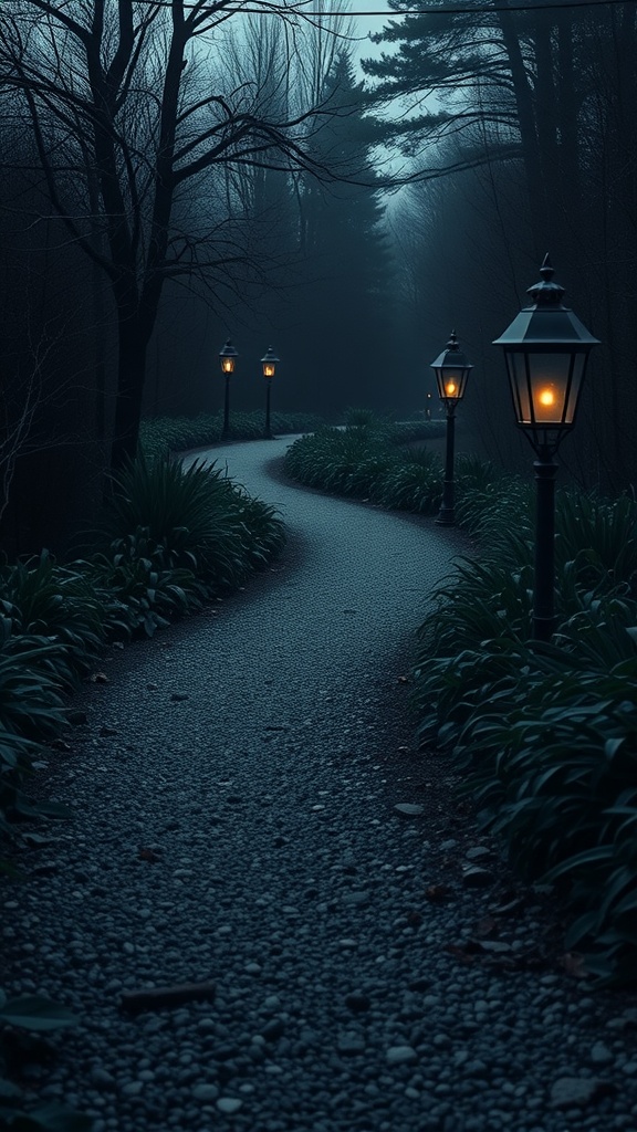 A winding garden pathway lined with lanterns, surrounded by trees and lush foliage, set in a moody, atmospheric environment.