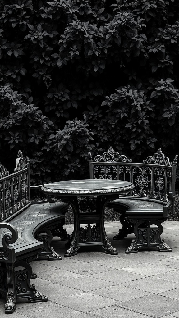 A Gothic-style wrought iron furniture set in a dark garden setting.