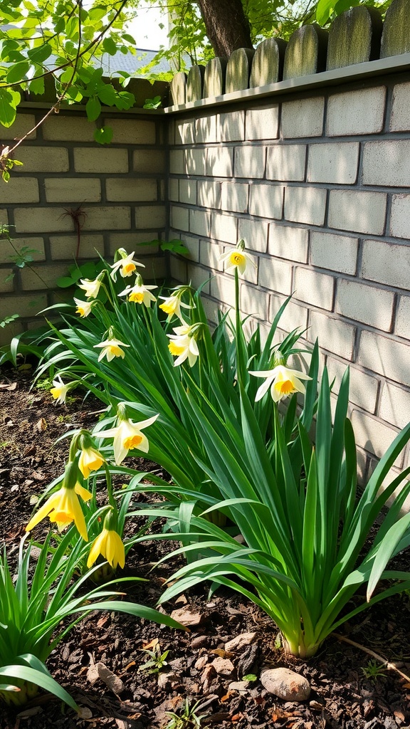 Daffodils blooming in a shaded area next to a brick wall