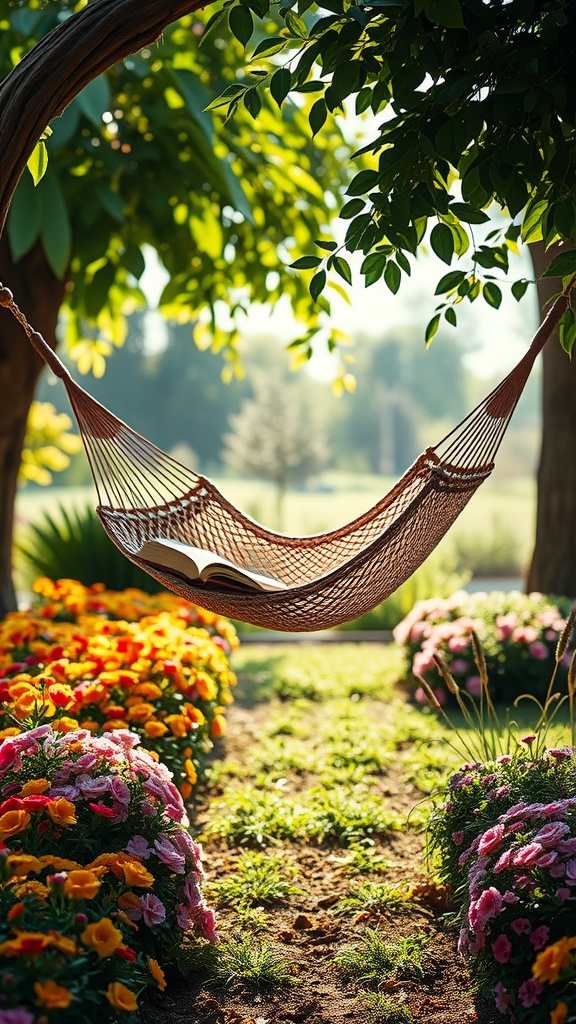 A hammock hanging between flower beds with an open book resting on it.