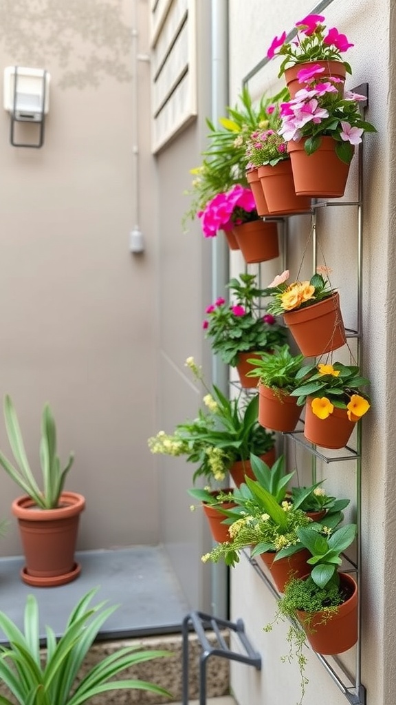 A vertical garden featuring multiple potted plants in vibrant colors mounted on a wall.