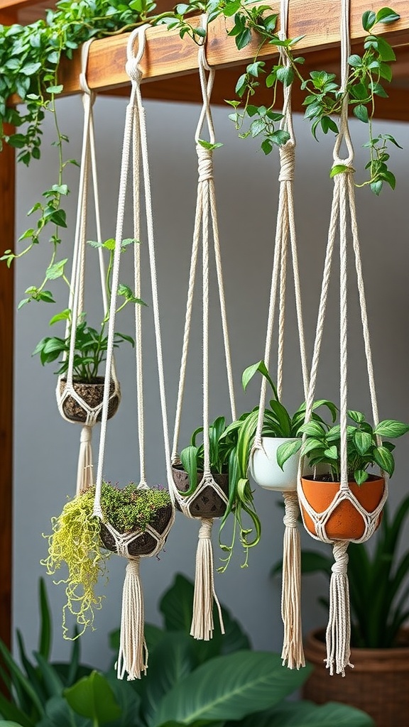 A collection of macrame plant hangers displaying various plants in colorful pots.