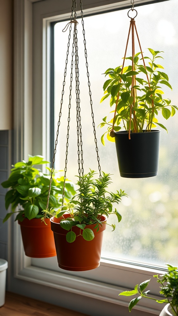 Hanging herb garden in a kitchen with pots of herbs by the window