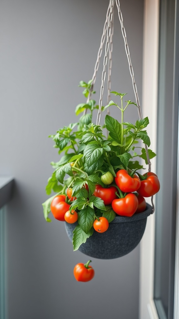 Hanging pot filled with tomato plants, showcasing ripe red tomatoes and green leaves, ideal for small spaces.