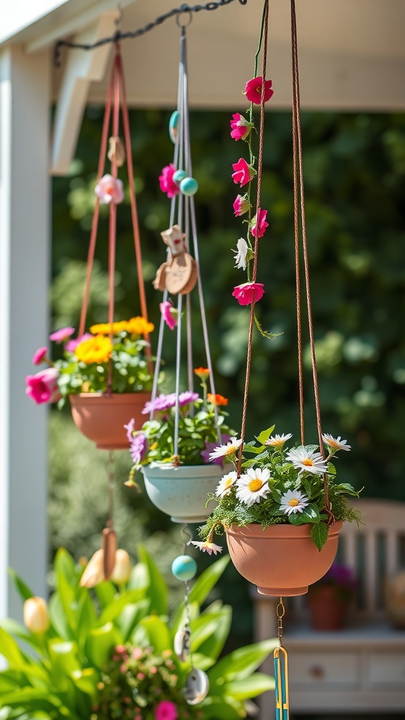 Colorful hanging planters with flowers and wind chimes