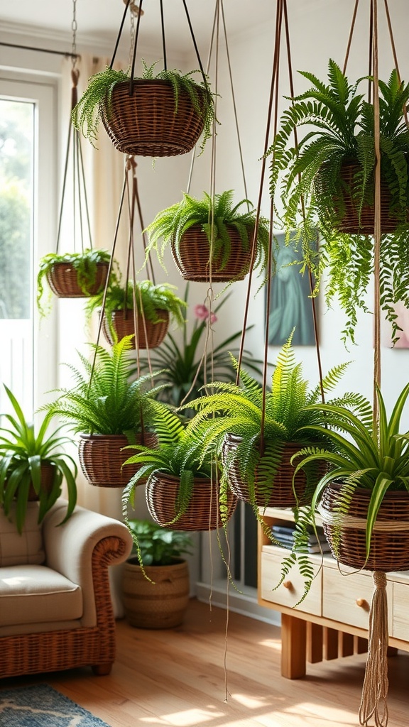 A cozy indoor setting with hanging woven baskets filled with ferns, complemented by a comfortable chair and natural light.