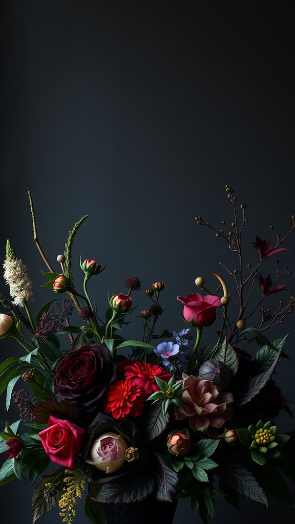 A gothic floral arrangement featuring deep red roses, delicate blue flowers, and lush greenery against a dark background.