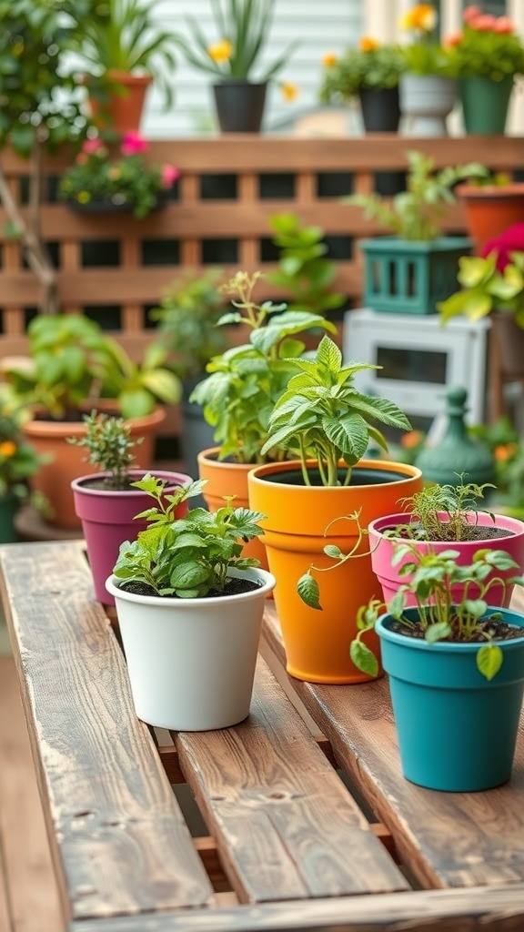 A variety of colorful pots with herbs arranged on a wooden table in a terrace garden.
