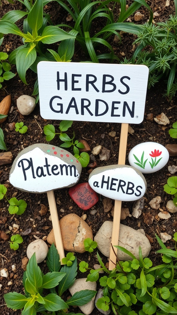 A herb garden with a main sign and painted rock markers for herbs.
