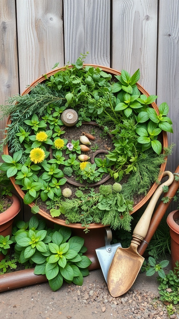 A beautifully arranged herb spiral featuring various herbs like basil and cilantro, with a garden tool nearby.
