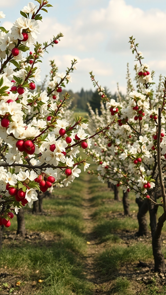 Rows of heritage fruit trees with white blossoms and red fruits against a cloudy sky