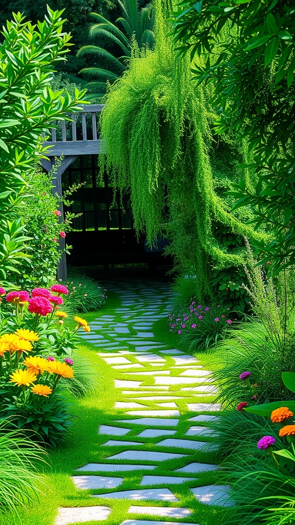 A stone pathway surrounded by vibrant flowers and lush greenery in a garden