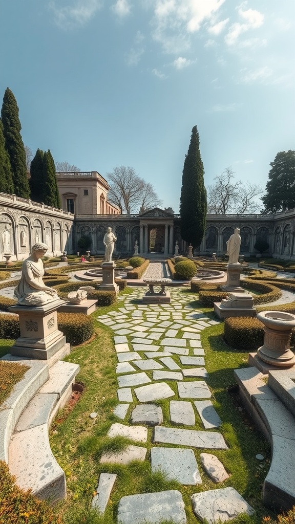 A historical themed labyrinth garden featuring stone pathways, sculptures, and greenery