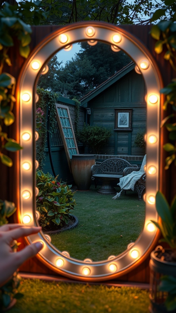 An illuminated garden mirror surrounded by plants, reflecting a cozy sitting area.