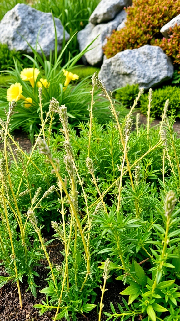 A garden featuring various alpine herbs among rocks and flowers