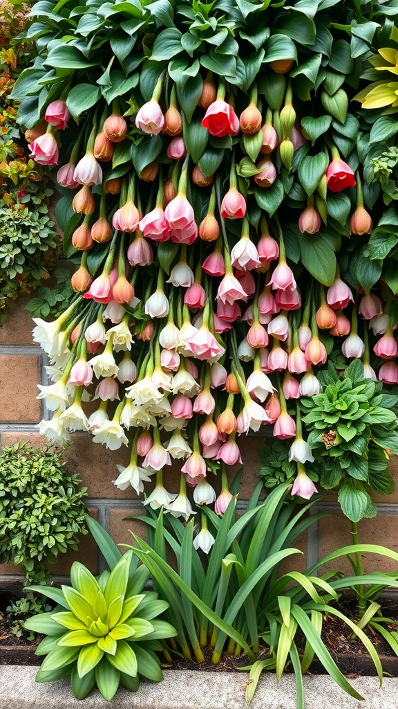 A vibrant vertical garden featuring cascading bulbs, including tulips and other flowers, against a brick wall.