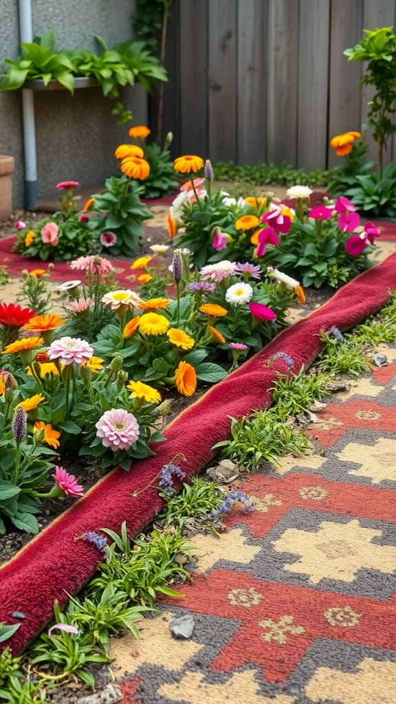 A garden with colorful flowers surrounded by pieces of old carpet, showcasing innovative gardening ideas.