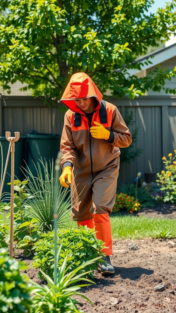 Person wearing insect-repellent clothing in a garden