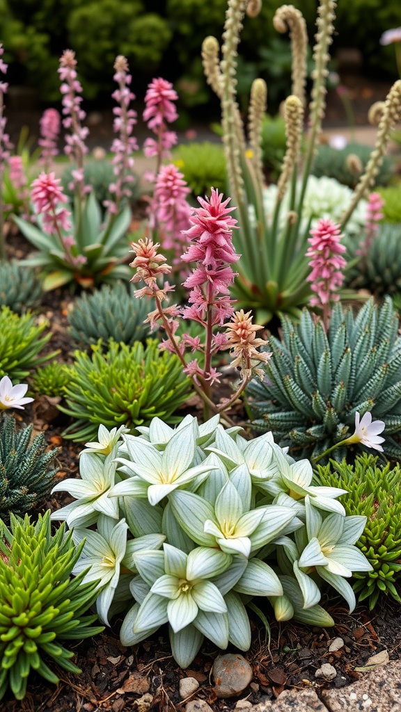 A colorful alpine garden featuring various native plants, including succulents and flowering species.