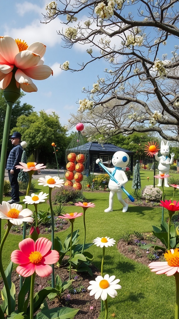 A colorful interactive garden featuring oversized flowers and cheerful sculptures.