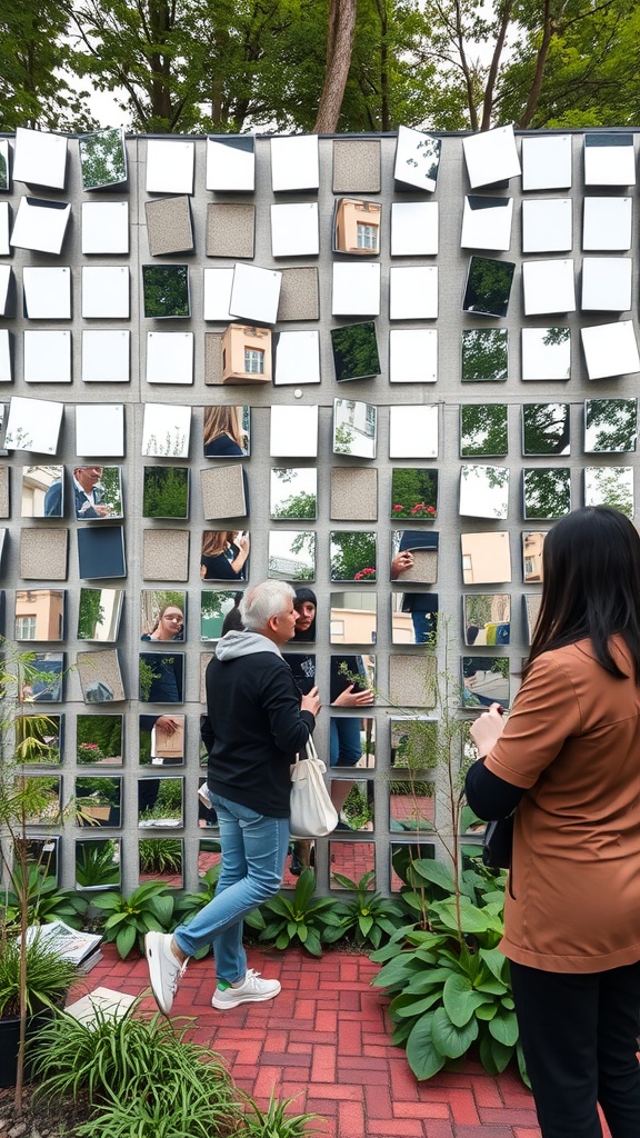 An interactive mirror wall in a garden, featuring various mirrors and people engaged with it.