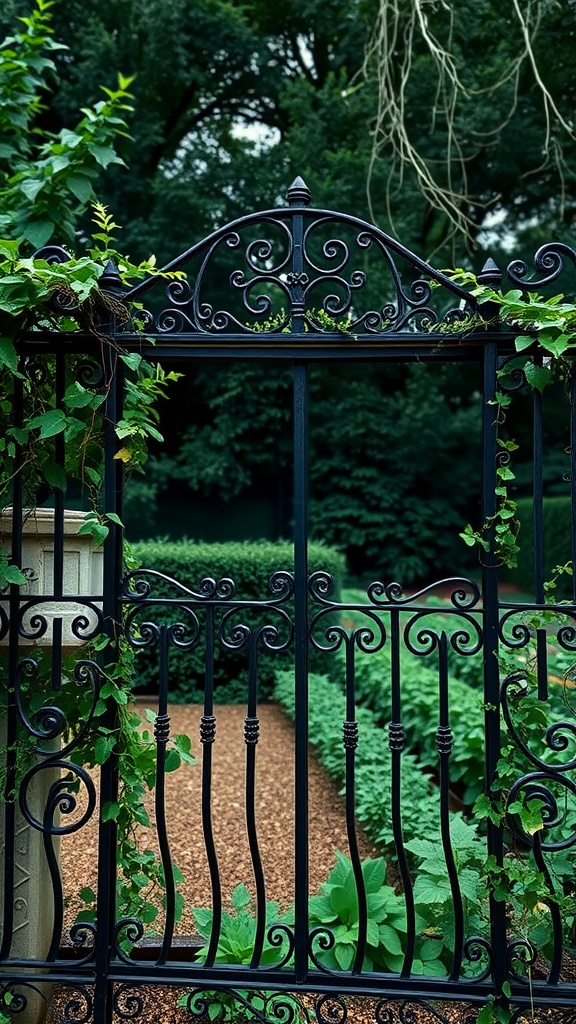 A wrought iron fence embellished with vines, leading into a lush garden.