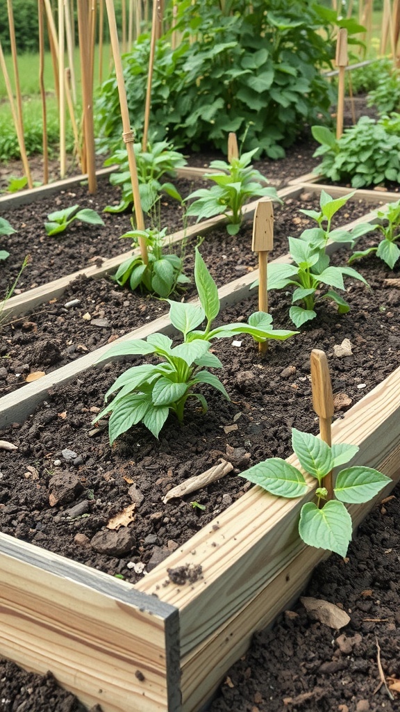 Raised garden beds made from landscape timbers with young plants and wooden markers.
